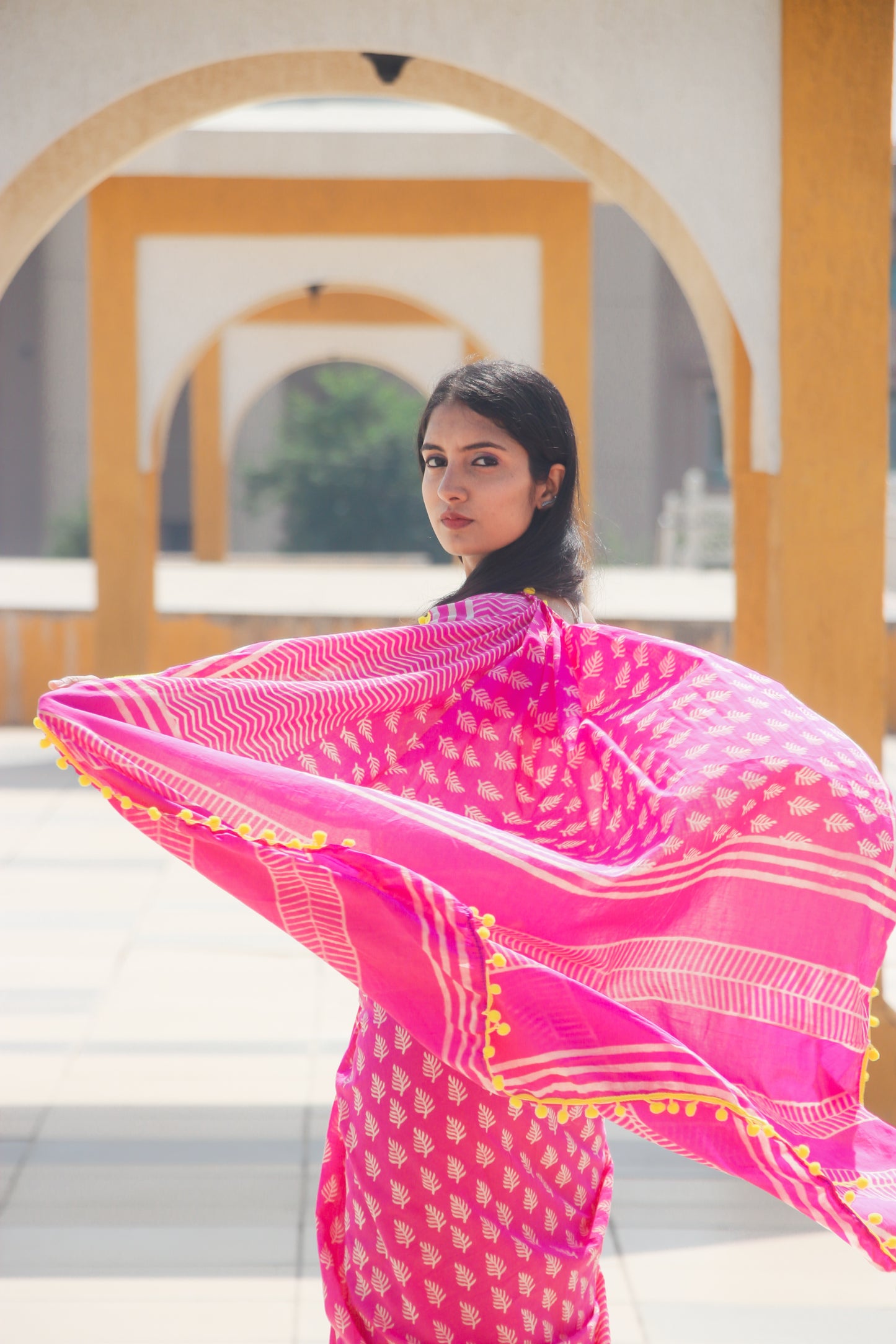 Pink Cotton Saree with Yellow Pom-Pom Border-TCS035