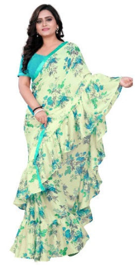 Floral Printed Aqua Blue Ruffle Saree- RS013