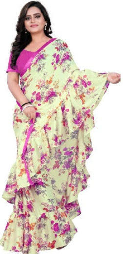 Floral Printed Purple Ruffle Saree-RS014