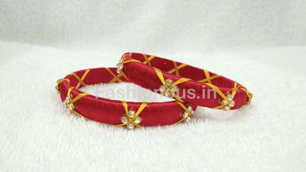 Pink with Yellow Stone Worked Silk Thread Bangle Pair with Jhumka