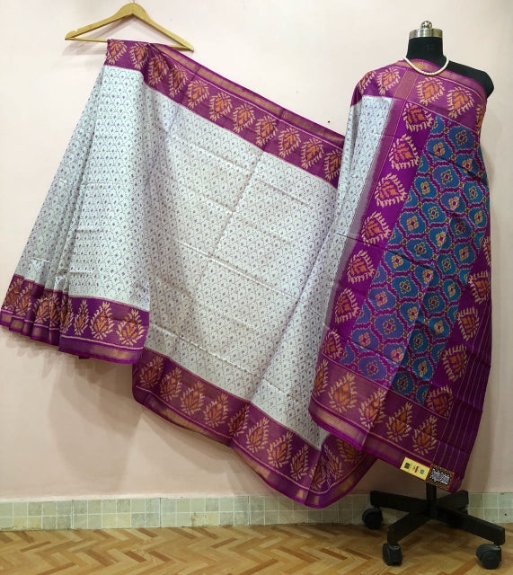 White Alpana Designed with Magenta Pallu Patola Silk Saree-PPSRE-064