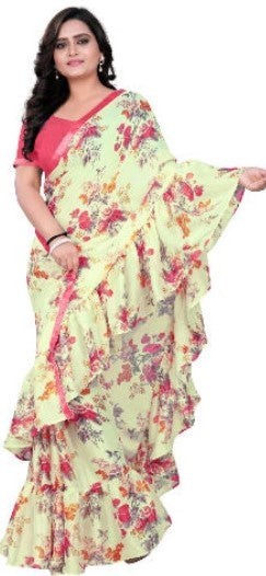 Foral Printed Peach Ruffle Saree-RS012