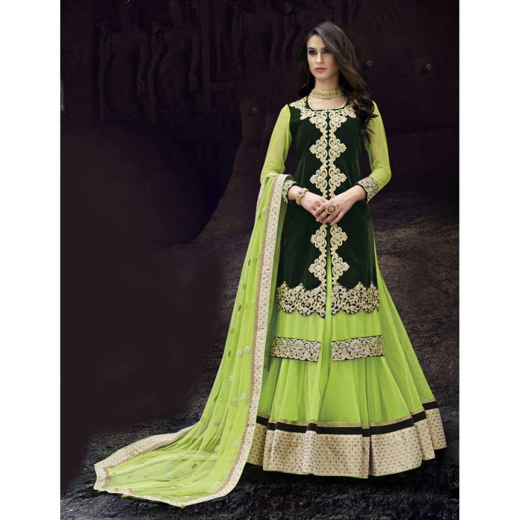 Glittery Green Embroidered Velvet Lehenga Choli