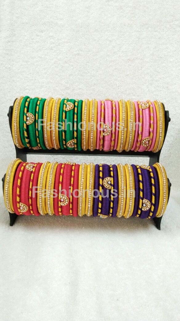 Golden Color Combined Stone Worked Silk Thread Bangle Set