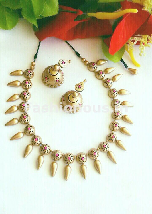 Golden Droplet Design Terracotta Jewellery Set -TJS-019