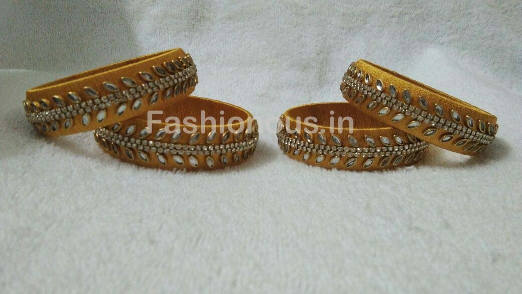 Golden Leaf Stone Worked Silk Thread Bangle Set-STJSW-020