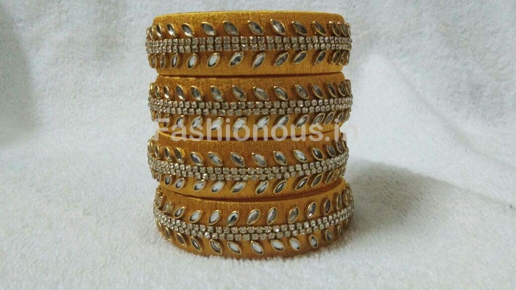 Golden Leaf Stone Worked Silk Thread Bangle Set