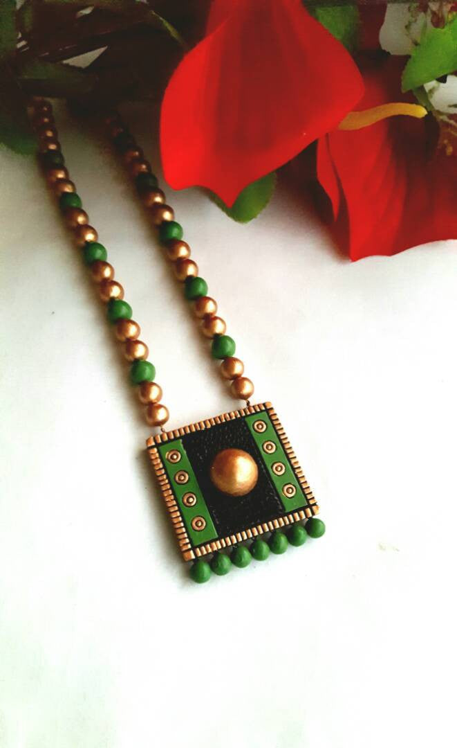 Golden and Dark Green Square Pendant Jewellery Set
