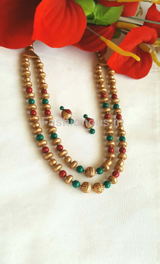 Golden and Red Green Terracotta Jewellery Set-TJS-027