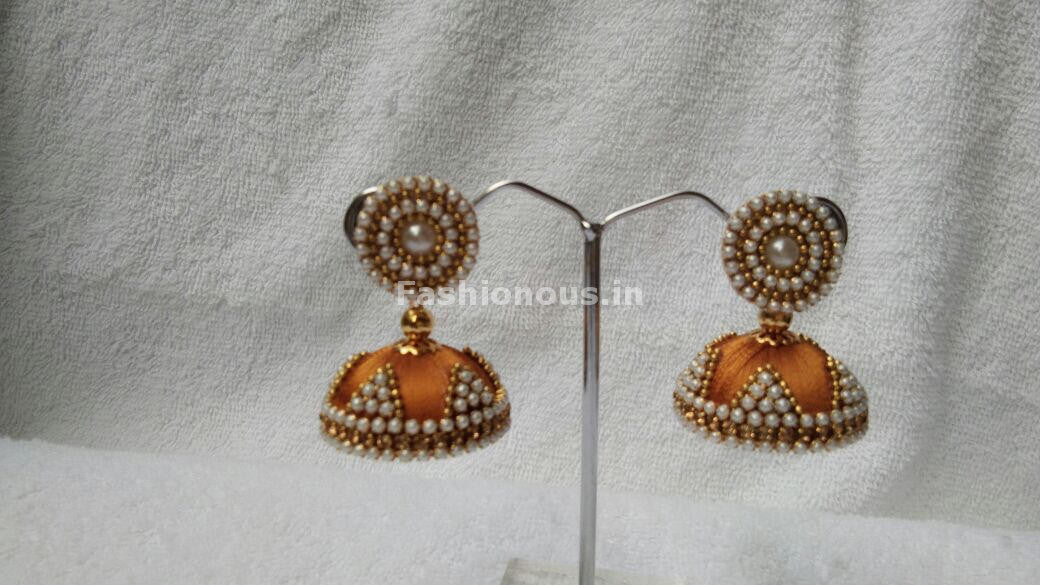 Golden and White Beaded Silk Thread Jhumkas-STJH-069