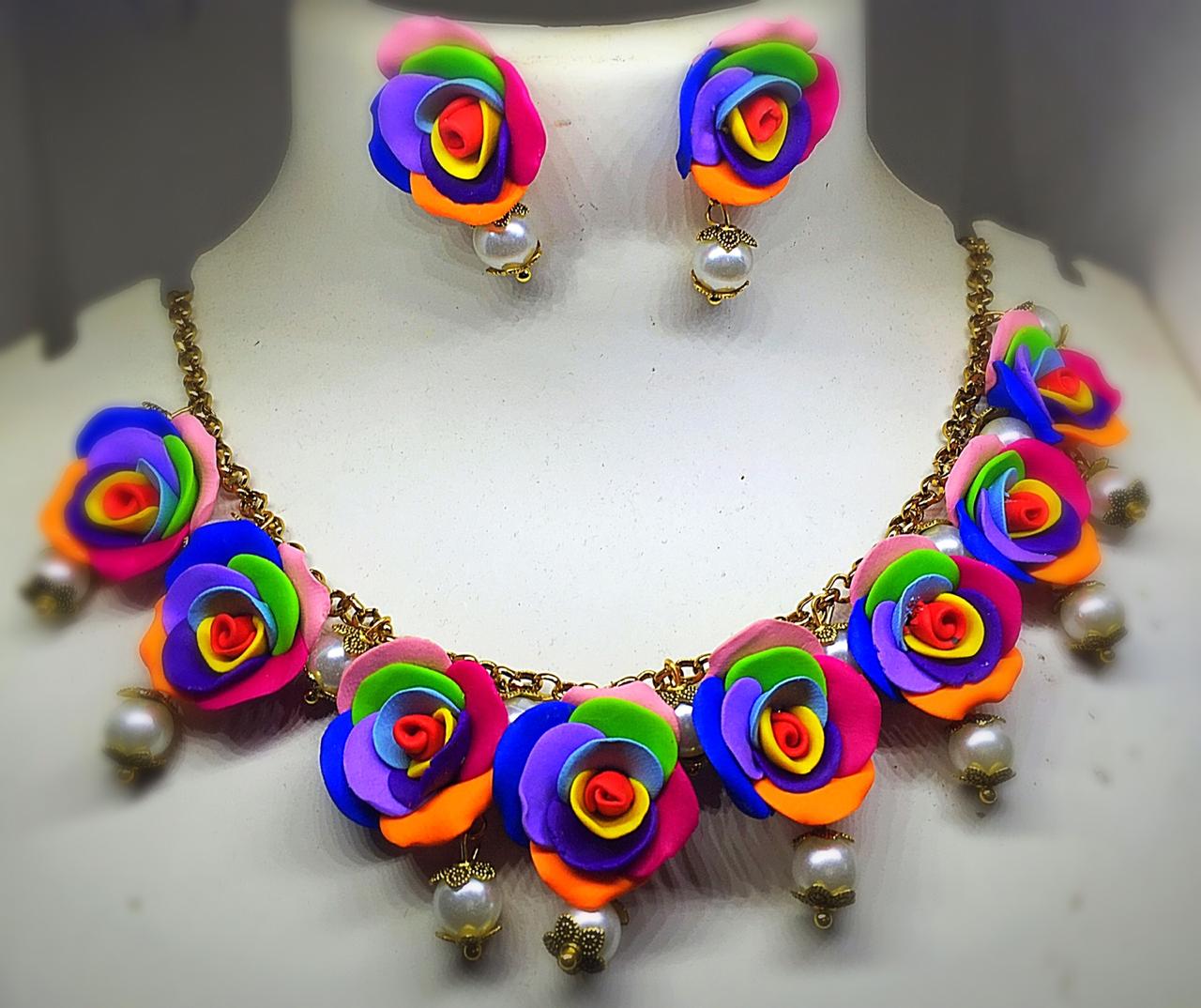 Multi Colors Floral Polymer Clay Choker Necklace And Earrings