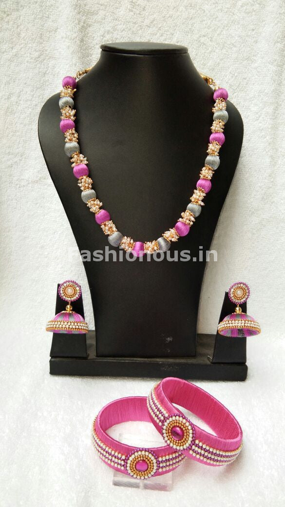 Gray and Pink Silk Thread Jewellery Set-STJS-022