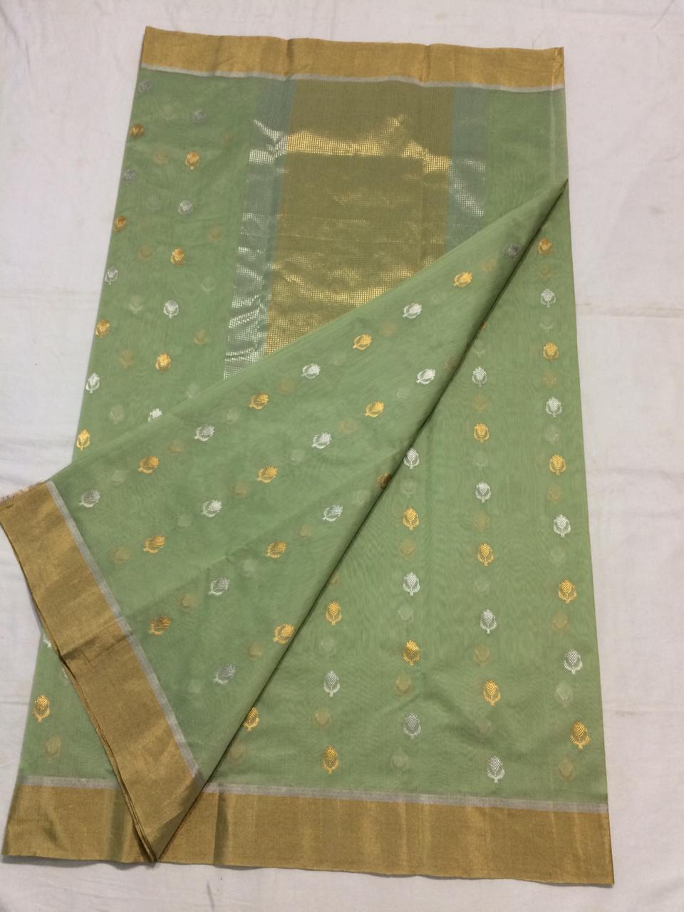 Green Chanderi Silk Saree With Copper-Gold Border- CSH051
