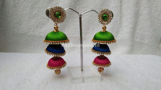 Green Ink Blue and Pink Tricolored Silk Thread Jhumkas-STJH-073