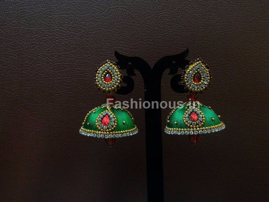 Green Stone Studded Silk Thread Jhumkas