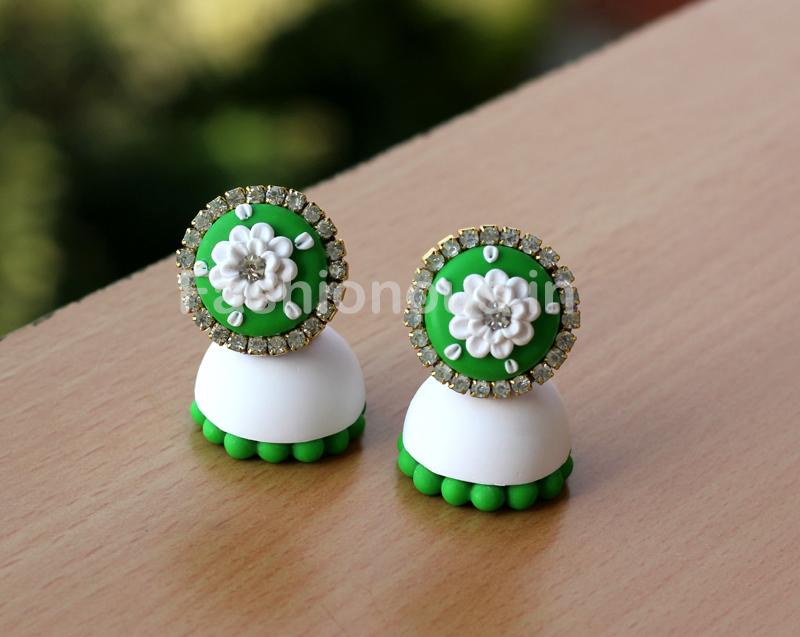 Green White Floral Jhumka-ZAPCJH-033