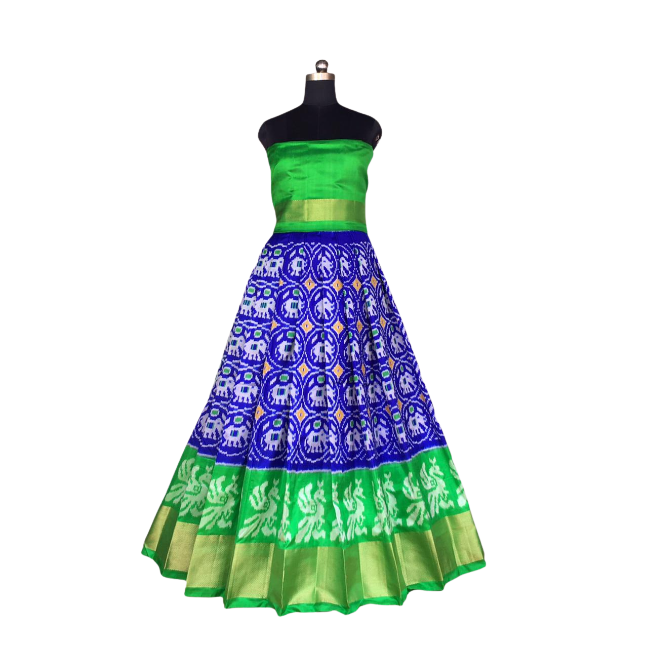 Green and Blue Ikkat Pure Silk Lehenga