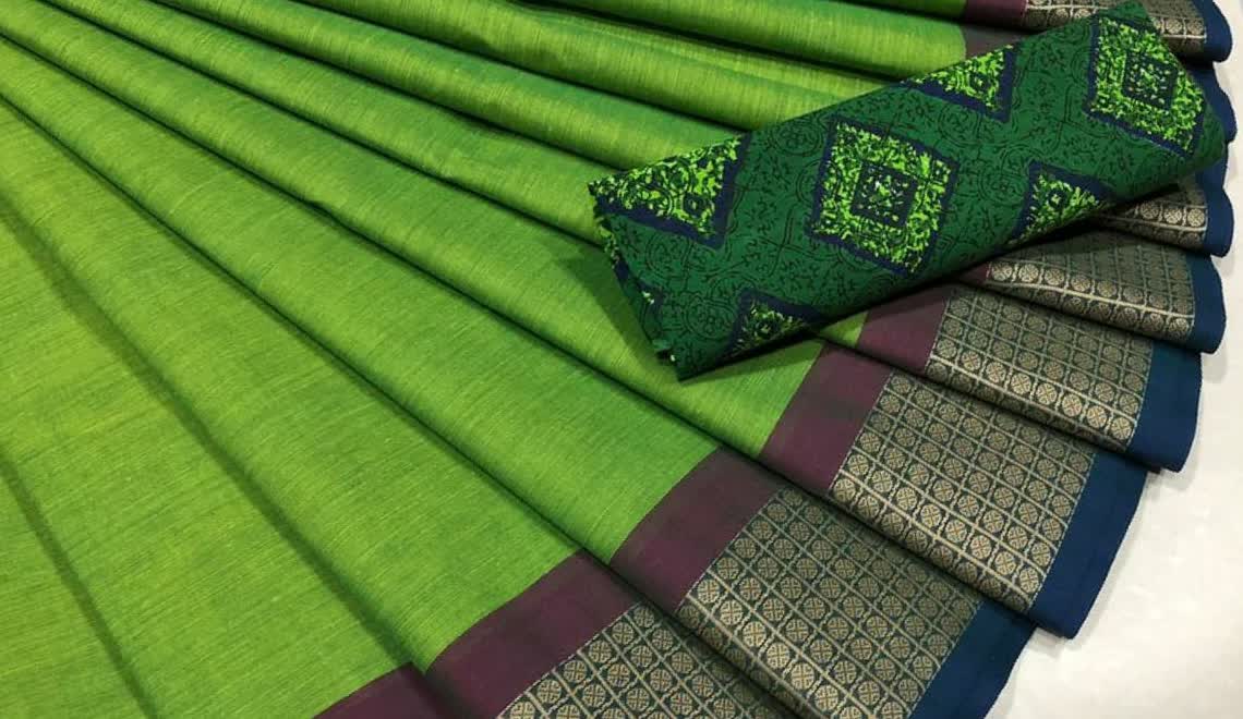 Green and Dark Blue Pure Cotton Saree CPC 008