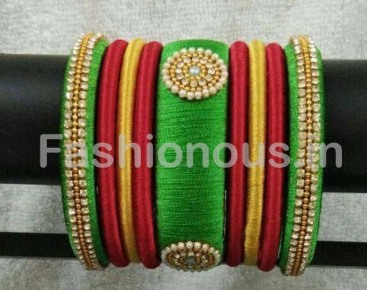 Red and Green Floral Stone Worked Silk Thread Bangle Set-STJSW-068