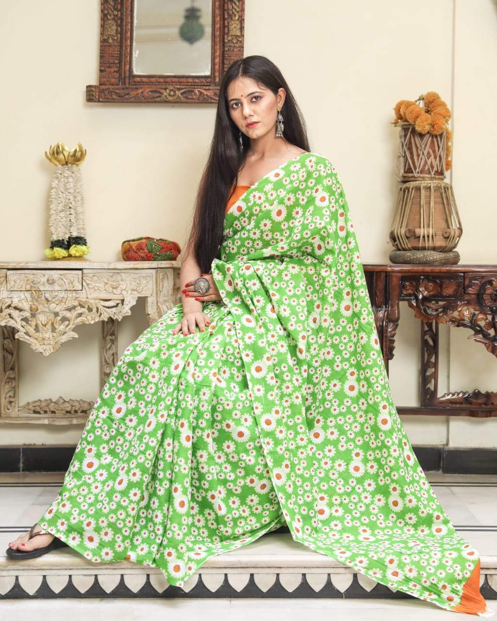 green white handblock mulmul cotton saree