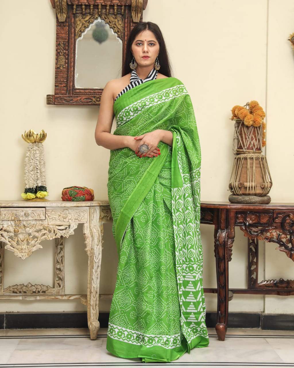 green white handblock mulmul cotton saree