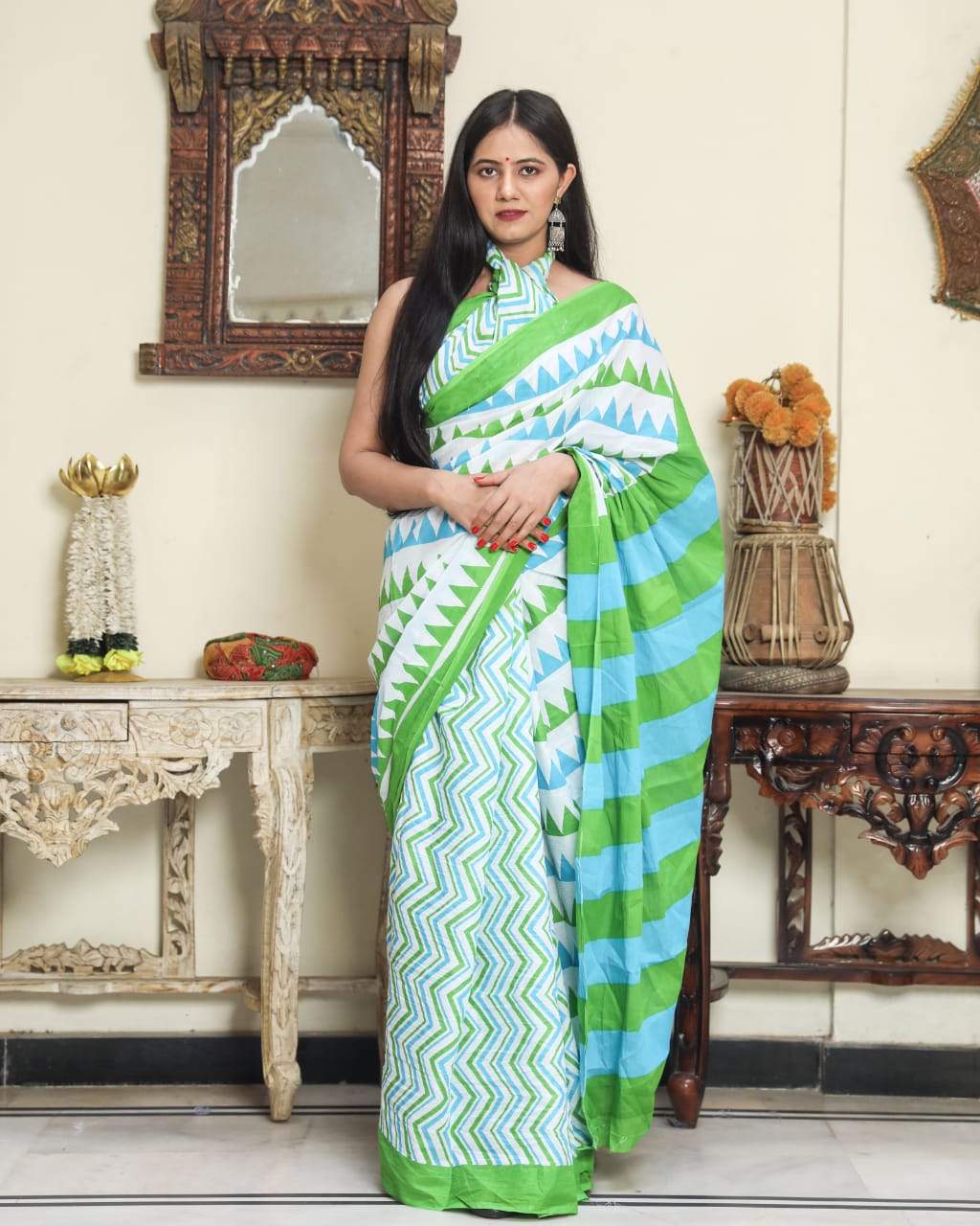 green white handblock mulmul cotton saree