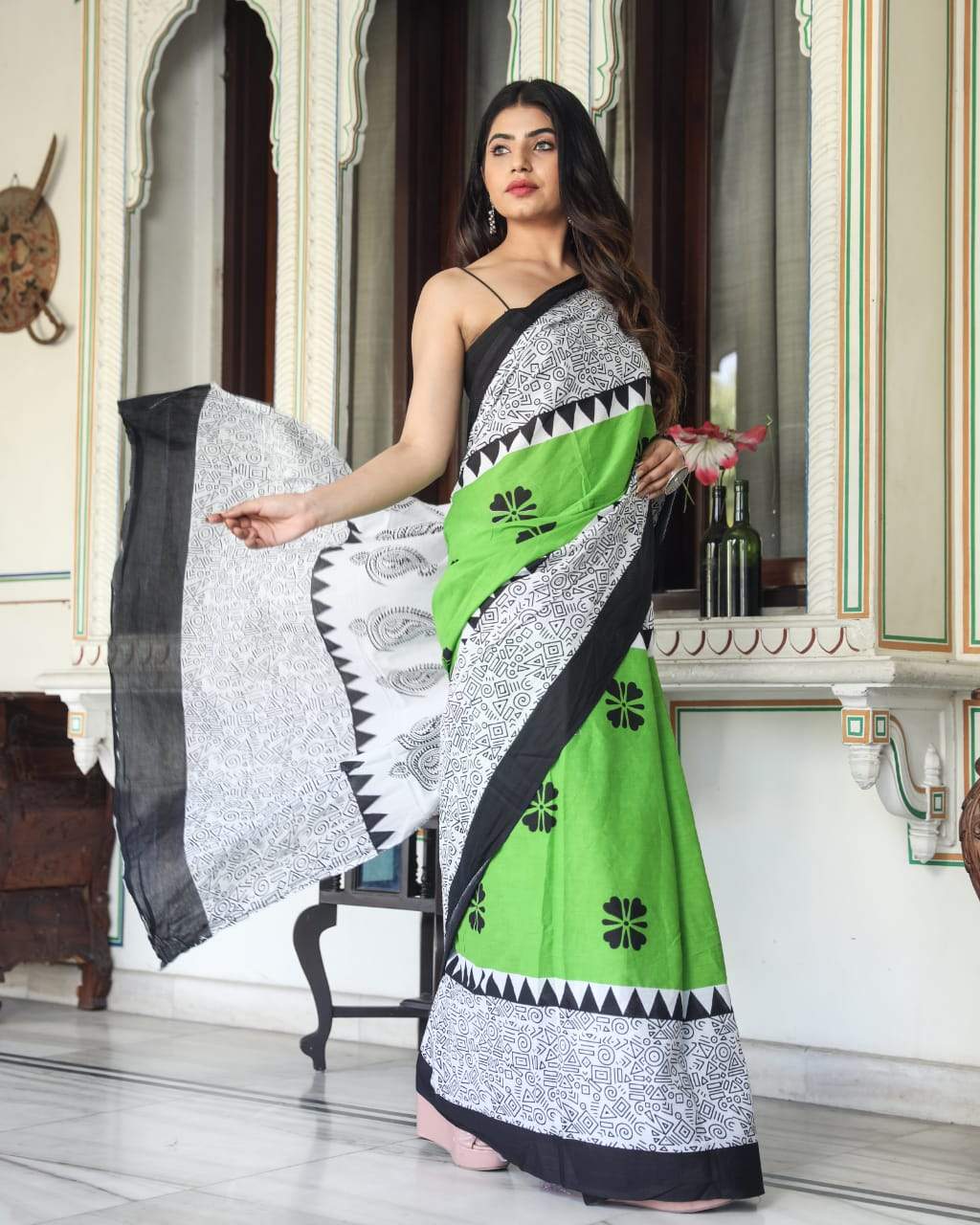green white handblock mulmul cotton saree