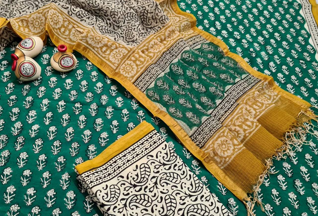 Green and Yellow Handblock Unstitched Printed Cotton Suit