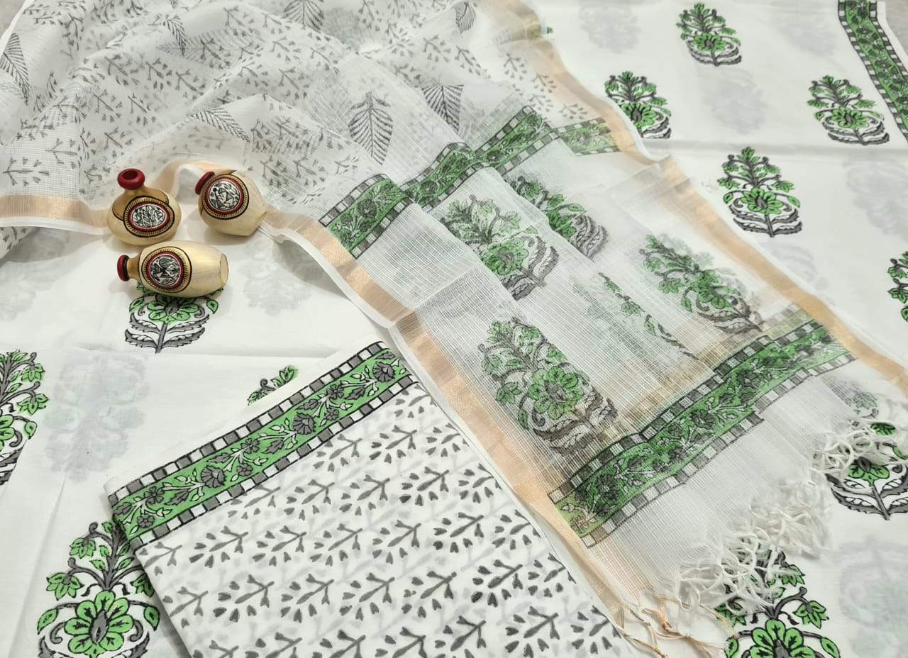 Green printed on White Handblock Unstitched Pure Cotton Suit