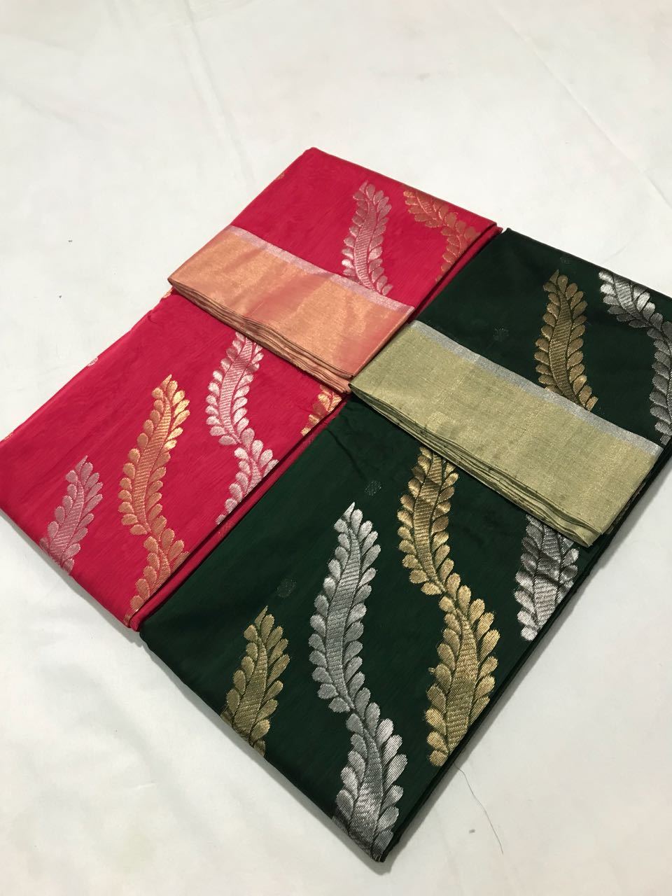 Green with Chained Leaf Designed Zari Border Chanderi Silk Saree