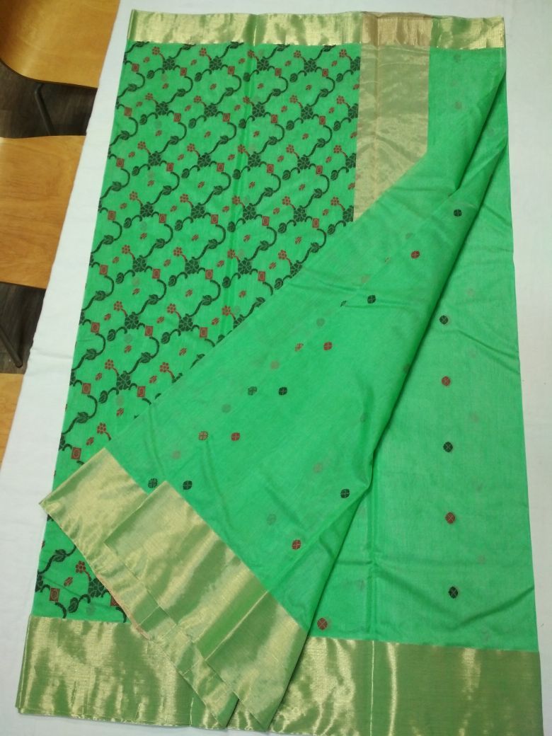 Green with Golden Chained Floral Zari Border Chanderi Silk Saree-CHANSRE-076