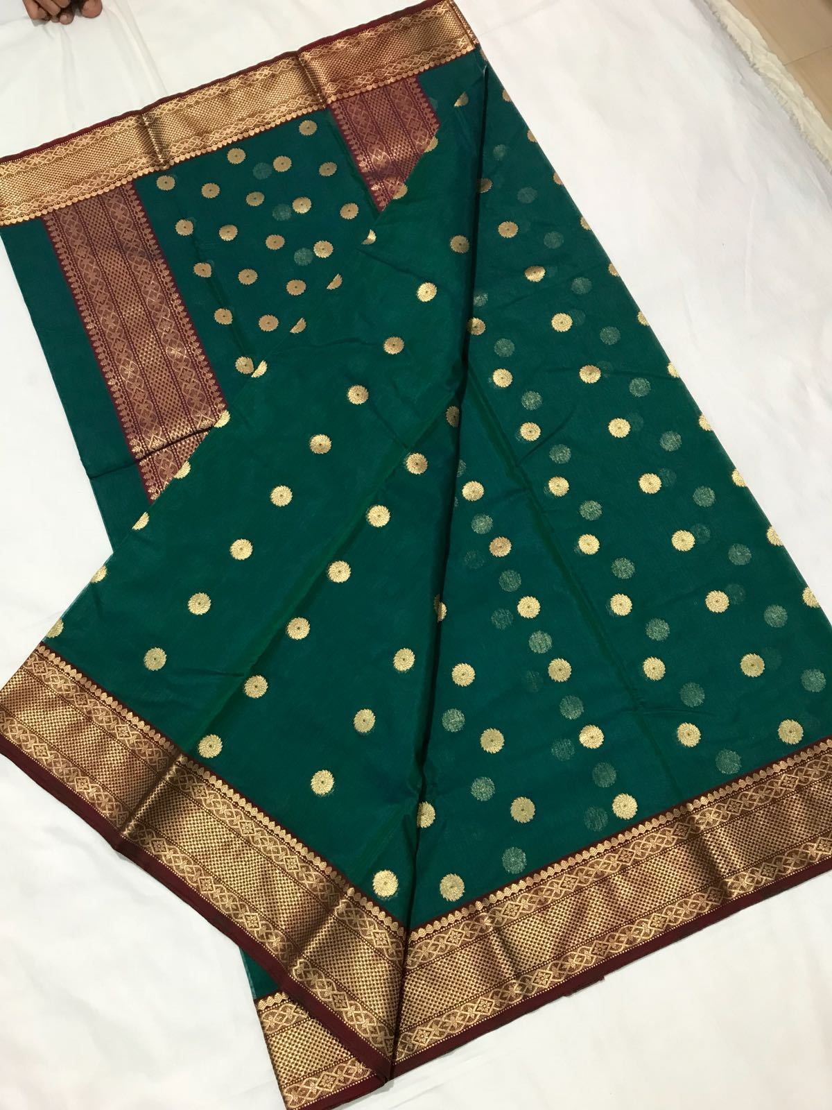 Green with Golden Dot Eknaliya Booties Chanderi Silk Saree