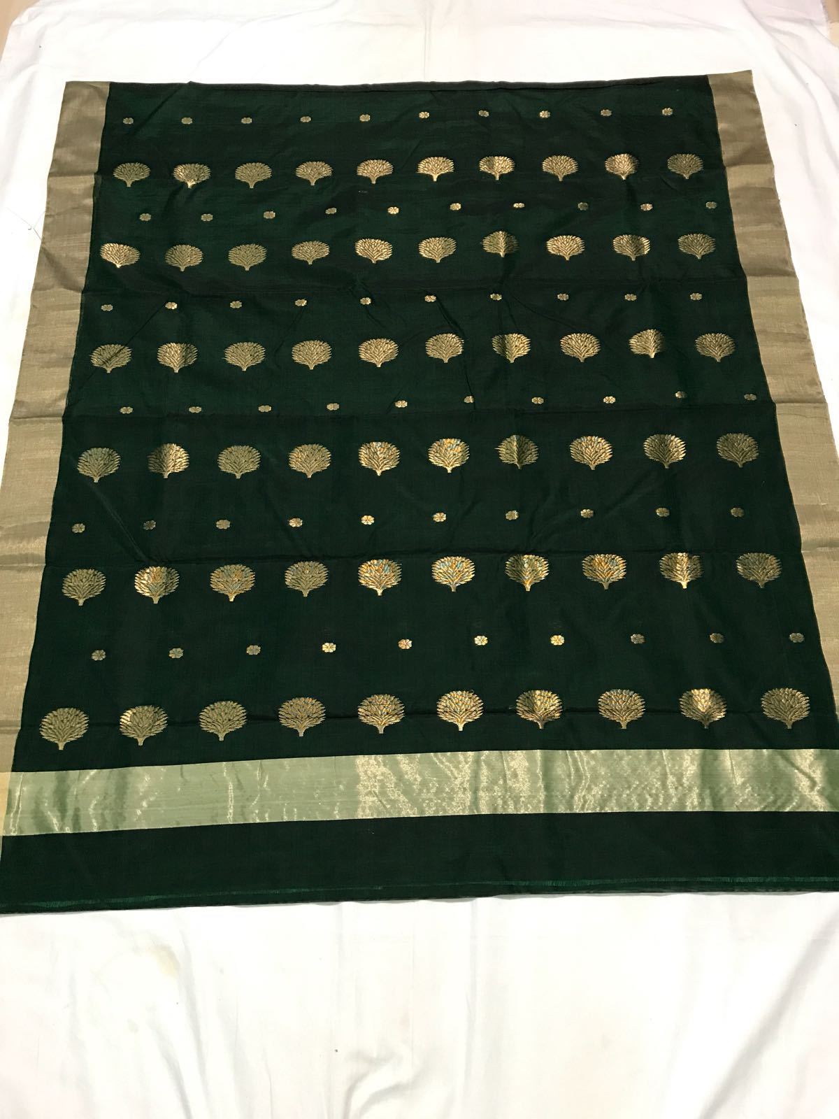 Green with Golden Floral Zari Border Chanderi Silk Saree-CHANSRE-071