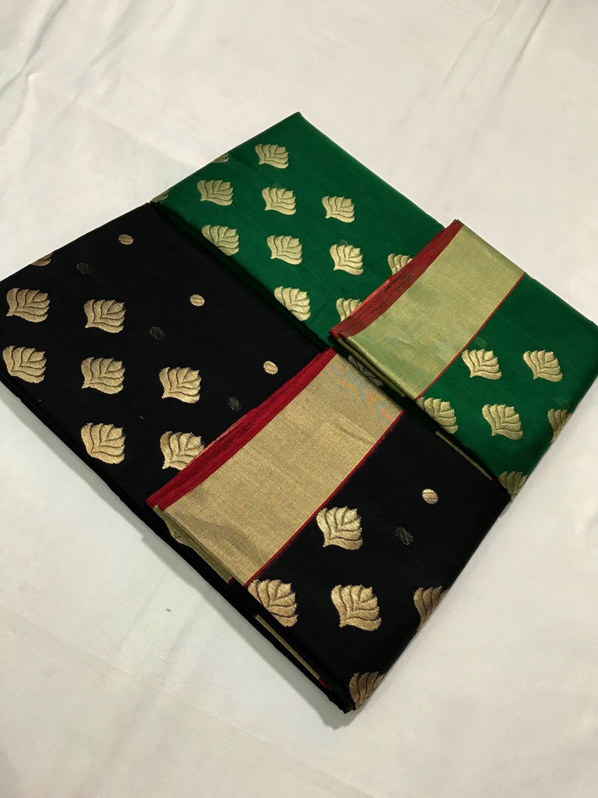 Green with Golden Leaf Designed Zari Border Chanderi Silk Saree