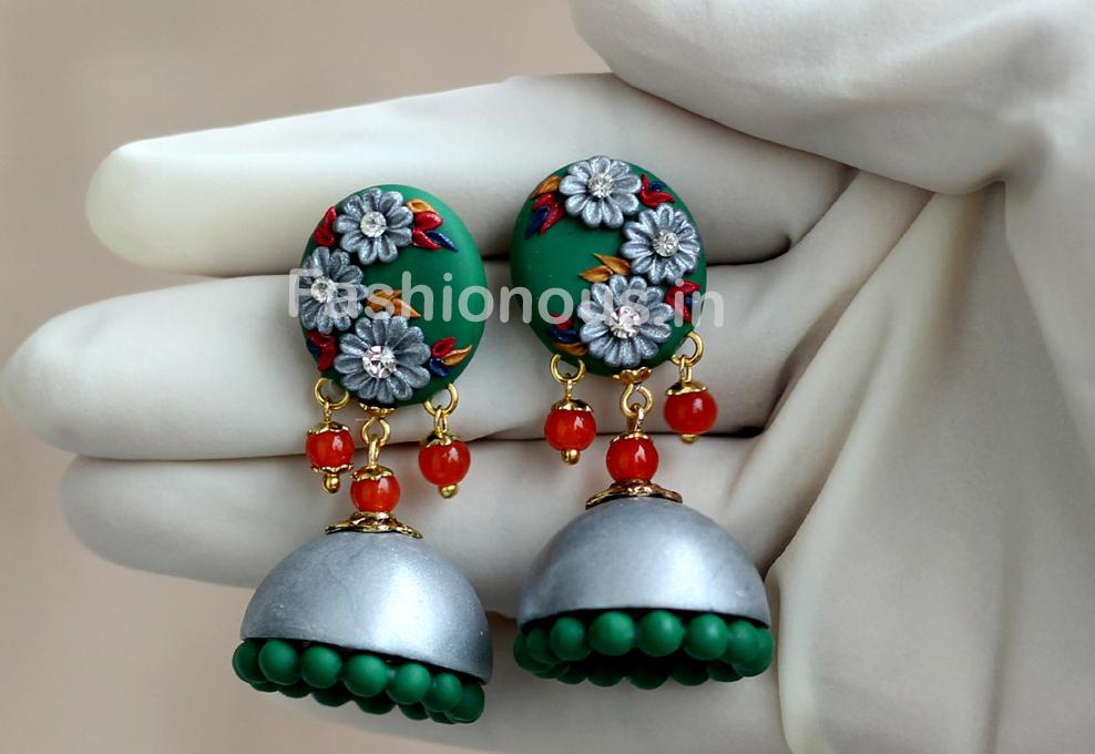 Green with Gray Floral Jhumka-ZAPCJH-006