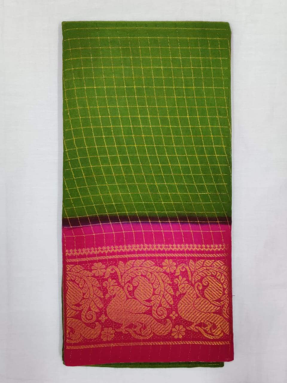 Green with Pink-Madurai Sungudi Sarees - Double side Jari Border