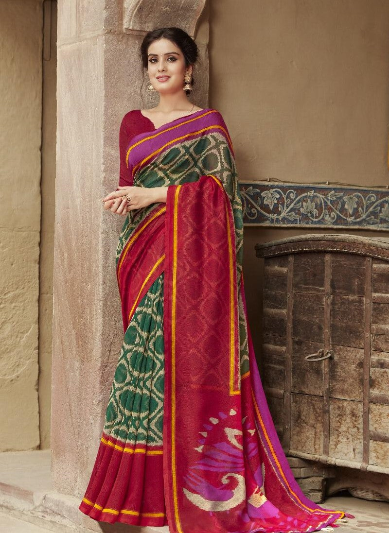 Green with rose border jute saree- JS010