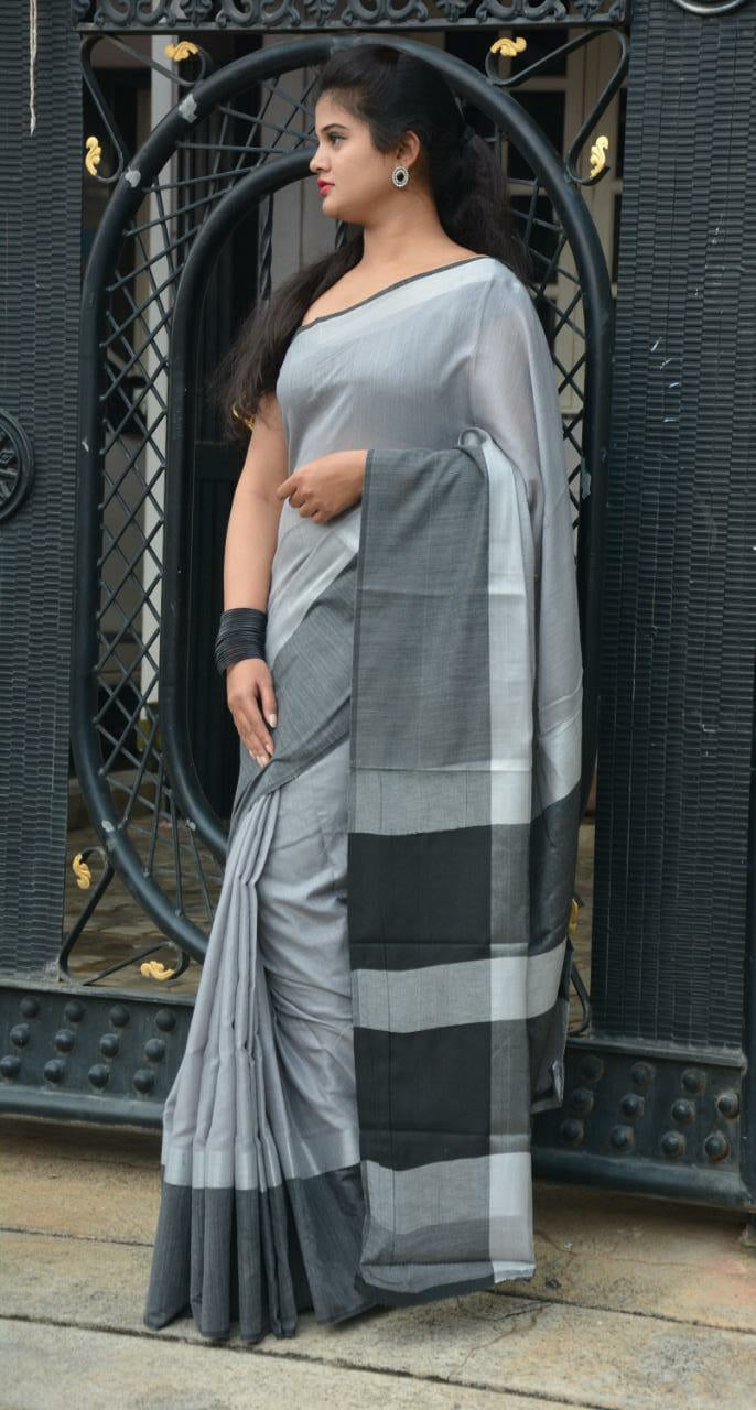Grey-Black Classy Linen Saree with Charcoal Border (Blend)-LN210