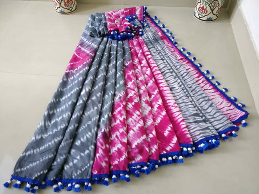 Grey-Pink Cotton Saree with Tassels-TCS049