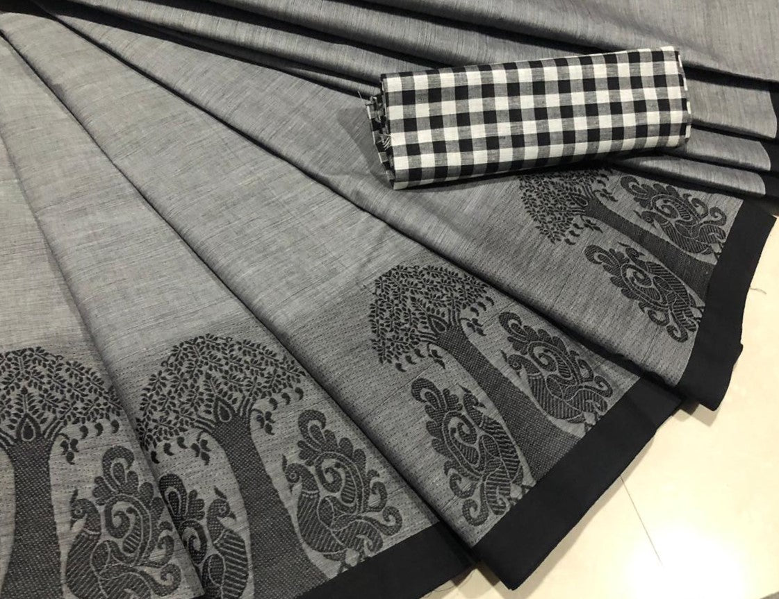 Grey Cotton Saree with Peacock Motif Border