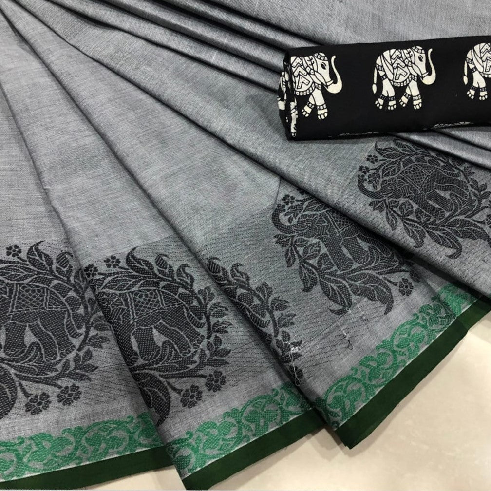 Grey Cotton Saree with Elephant Motif Border