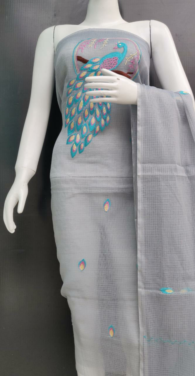 Grey Peacock Embroidered Kota Dress Material