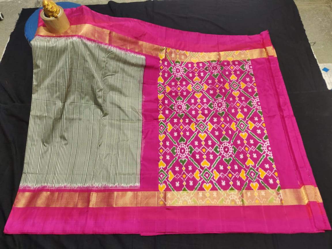 Grey and Pink Pure Ikkat Silk Saree