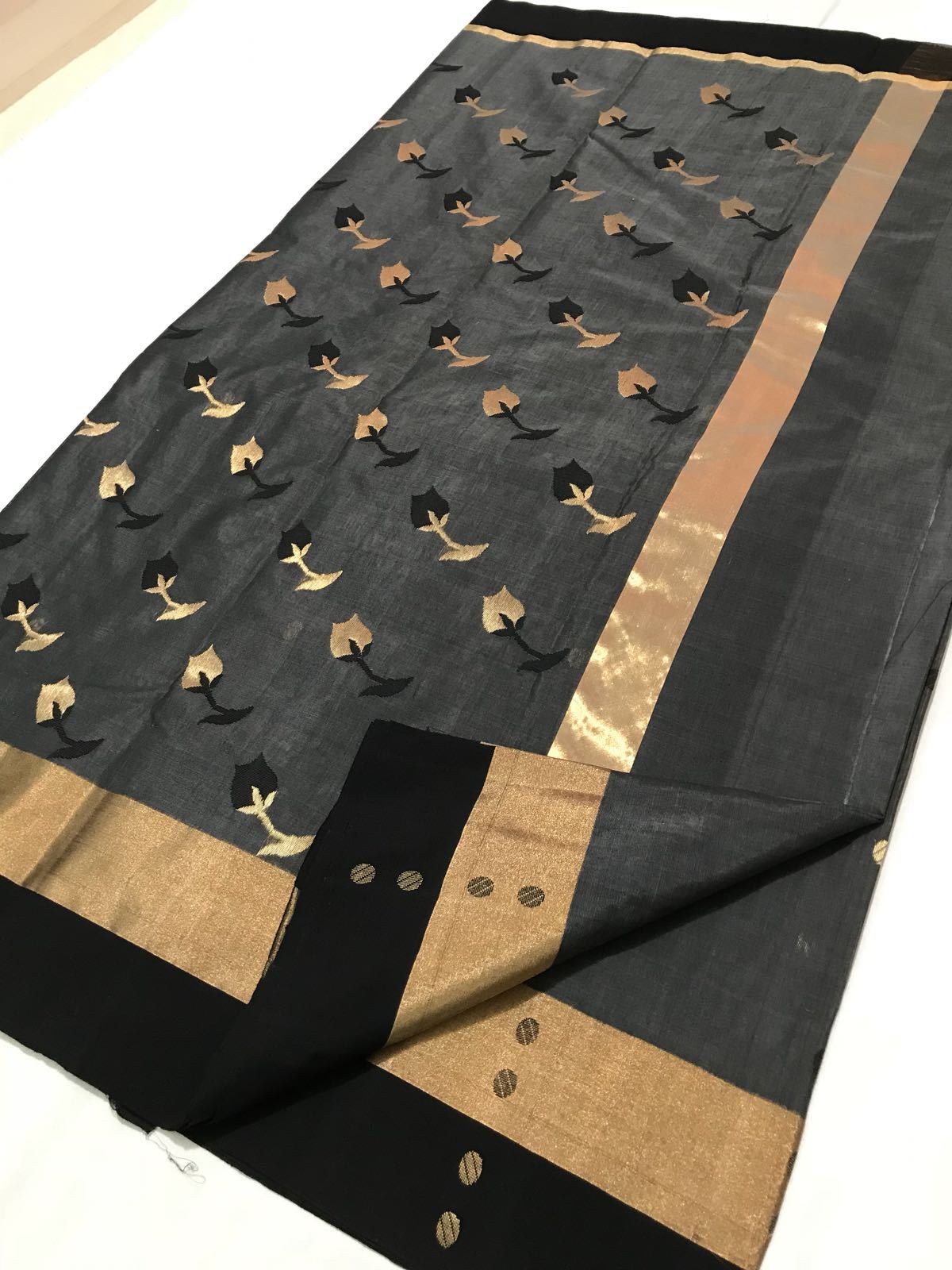 Grey with Golden Rose Zari Border Chanderi Silk Saree-CHANSRE-031