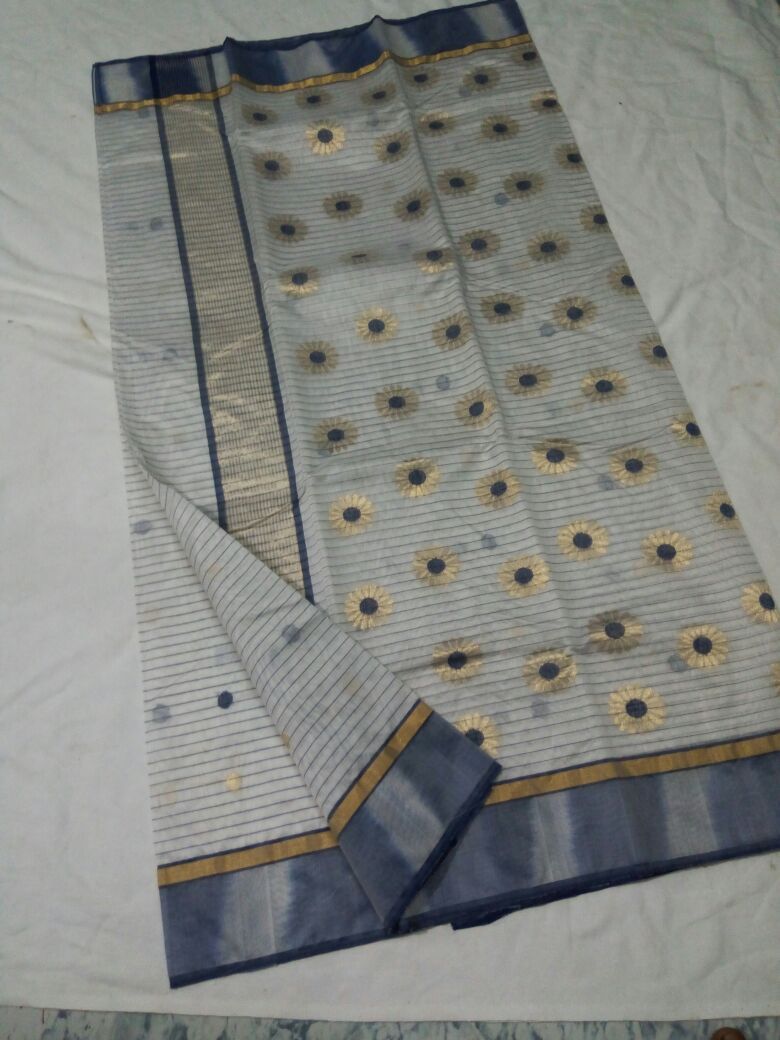 Grey with Golden Sunflower Designed Chanderi Silk Saree-CHANSRE-037