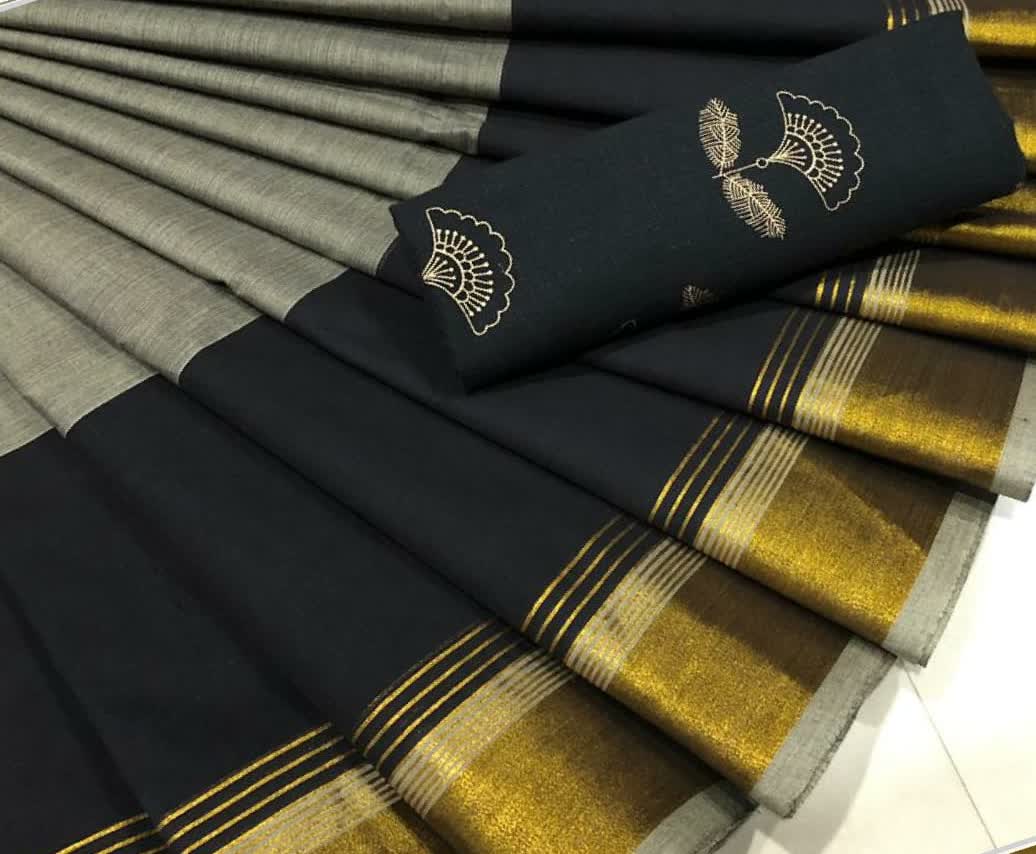 Grey with Golden Border Pure Cotton Saree CPC 012