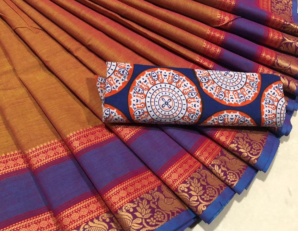 Cotton Saree with contrast Blue Border
