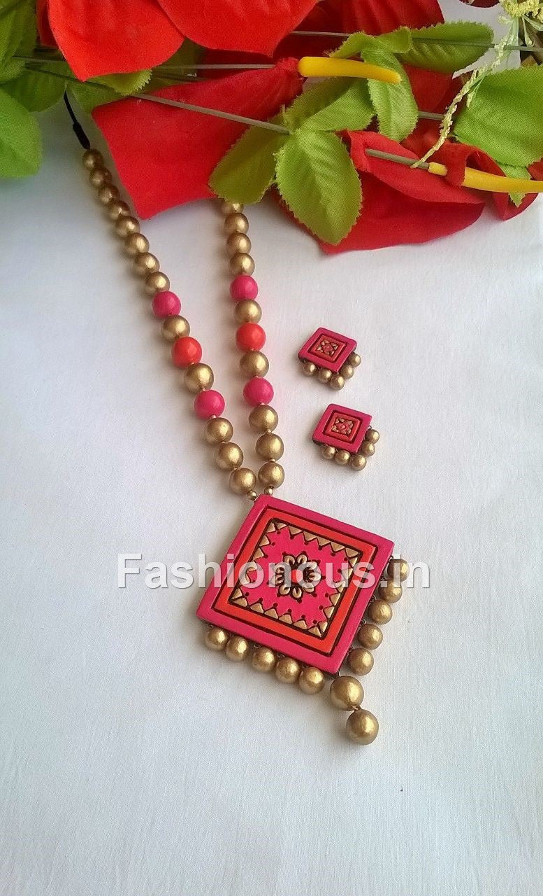 Pink and Orange Rhombus Terracotta Jewellery Set