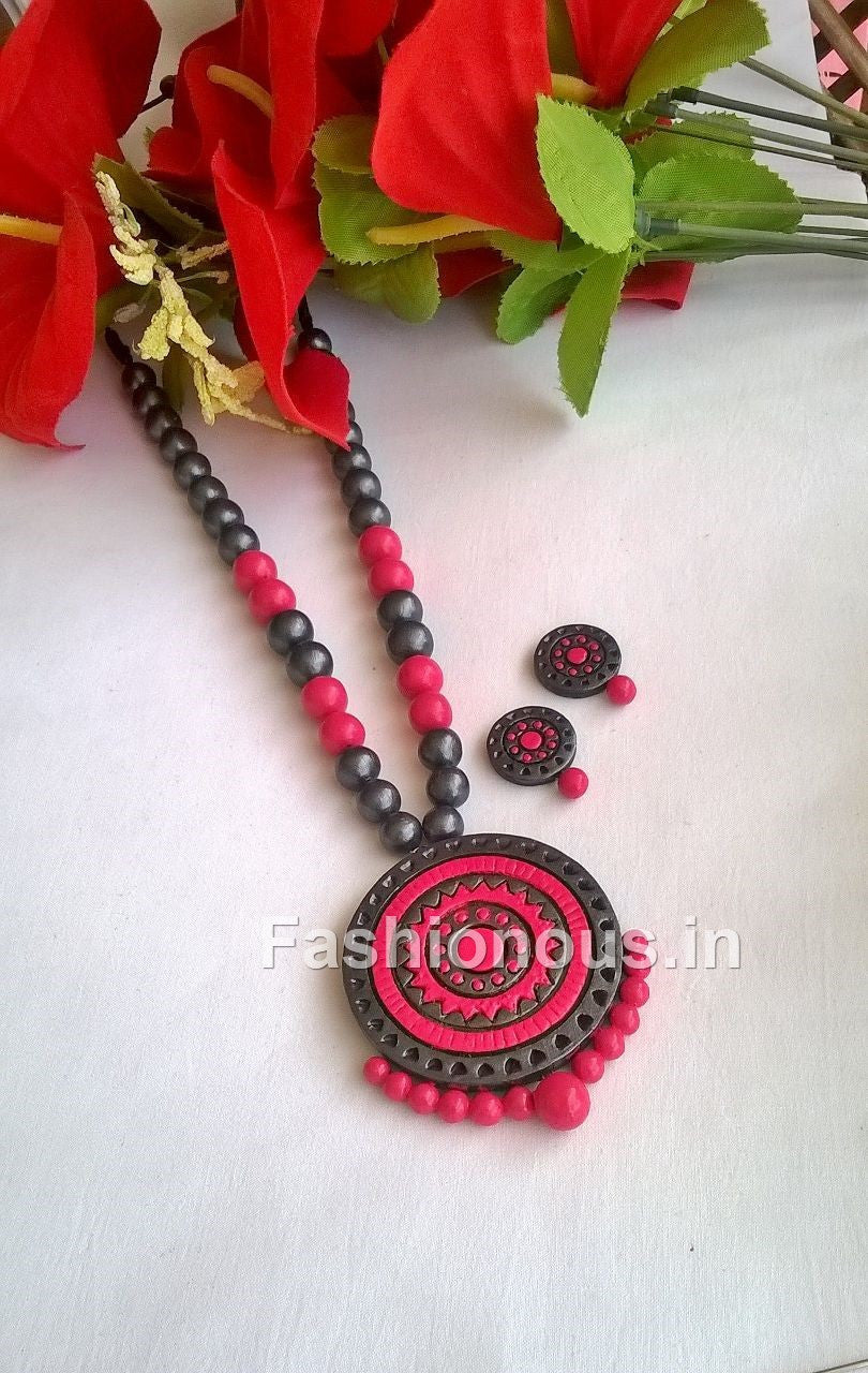 Pink and Grey Circle Terracotta Jewellery Set