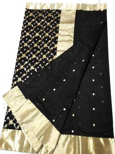 Ink-Black Royal Chanderi Silk Saree With Oriental Chain Design